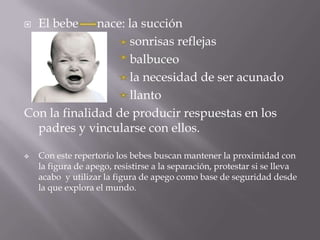    El bebe   nace: la succión
                    sonrisas reflejas
                    balbuceo
                    la necesidad de ser acunado
                    llanto
Con la finalidad de producir respuestas en los
  padres y vincularse con ellos.

   Con este repertorio los bebes buscan mantener la proximidad con
    la figura de apego, resistirse a la separación, protestar si se lleva
    acabo y utilizar la figura de apego como base de seguridad desde
    la que explora el mundo.
 