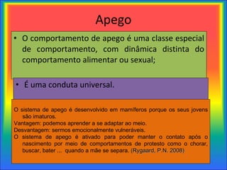 Apego O comportamento de apego é uma classe especial de comportamento, com dinâmica distinta do comportamento alimentar ou sexual; É uma conduta universal. O sistema de apego é desenvolvido em mamíferos porque os seus jovens são imaturos.  Vantagem: podemos aprender a se adaptar ao meio. Desvantagem: sermos emocionalmente vulneráveis. O sistema de apego é ativado para poder manter o contato após o nascimento por meio de comportamentos de protesto como o chorar, buscar, bater ...  quando a mãe se separa.  (Rygaard, P.N. 2008) 