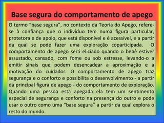 O termo “base segura”, no contexto da Teoria do Apego, refere-se à confiança que o indivíduo tem numa figura particular, protetora e de apoio, que está disponível e é acessível, e a partir da qual se pode fazer uma exploração coparticipada.  O comportamento de apego será eliciado quando o bebê estiver assustado, cansado, com fome ou sob estresse, levando-o a emitir sinais que podem desencadear a aproximação e a motivação do cuidador. O comportamento de apego traz segurança e o conforto e possibilita o desenvolvimento - a partir da principal figura de apego - do comportamento de exploração. Quando uma pessoa está apegada ela tem um sentimento especial de segurança e conforto na presença do outro e pode usar o outro como uma “base segura” a partir da qual explora o resto do mundo. Base segura do comportamento de apego 