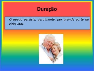 Duração O apego persiste, geralmente, por grande parte do ciclo vital. 