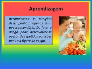 Aprendizagem Recompensas e punições desempenham apenas um  papel secundário. De fato, o apego pode desenvolver-se apesar de repetidas punições por uma figura de apego. 