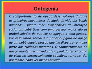 Ontogenia O comportamento de apego desenvolve-se durante os primeiros nove meses de idade de vida dos bebês humanos. Quanto mais experiências de interação social um bebê tiver com uma pessoa, maior são as probabilidades de que ele se apegue a essa pessoa. Por essa razão, torna-se a principal figura de apego de um bebê aquela pessoa que lhe dispensar a maior parte dos cuidados maternos. O comportamento de apego mantém-se ativado até o final do terceiro ano de vida; no desenvolvimento saudável, torna-se, daí por diante, cada vez menos ativado. 