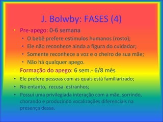 J. Bolwby: FASES (4) Pre-apego:  0-6 semana O bebê prefere estímulos humanos (rosto); Ele não reconhece ainda a figura do cuidador; Somente reconhece a voz e o cheiro de sua mãe; Não há qualquer apego. Formação do apego:  6 sem.- 6/8 mês Ele prefere pessoas com as quais está familiarizado; No entanto,  recusa  estranhos; Possui uma privilegiada interação com a mãe, sorrindo, chorando e produzindo vocalizações diferenciais na presença dessa. 