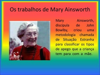 Os trabalhos de Mary Ainsworth Mary Ainsworth, discípula de John Bowlby, criou uma metodologia chamada de Situação Estranha para classificar os tipos de apego que a criança tem para com a mãe.  