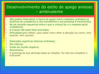 Desenvolvimento do estilo de apego ansioso - ambivalente Não podem internalizar a figura de apego como cuidadora, protetora (a ausência do  cuidador(a)  e sua inexistência e sua presença é insuficiente); No há conexão  sequencial entre o que a criança faz e a resposta do(a) cuidador(a); A criança não pode fazer previsões; Dificuldade   para refletir, para saber como obter a atenção (ou como, nem quando, nem quanto) Distorções cognitivas (leituras errôneas); Dor intensa; Visião do mundo negativa; Pessimismo; A premissa de que abrange todas as relações "Eu não sou simpático o suficiente" 