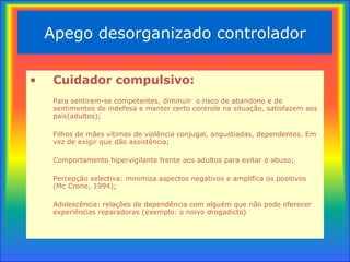 Apego desorganizado controlador Cuidador compulsivo: Para sentirem-se competentes, diminuir  o risco de abandono e de sentimentos de indefesa e  manter certo controle na situação, satisfazem aos pais(adultos); Filhos de mães v ítimas de violência conjugal, angustiadas, dependentes.  Em vez de exigir que dão assistência; Comportamento hipervigilante frente aos adultos para evitar o abuso;  Percepção selectiva: minimiza aspectos negativos e amplifica os positivos (Mc Crone, 1994); Adolescência: relações de dependência com alguém que não pode oferecer experiências reparadoras (exemplo: o noivo drogadicto) 