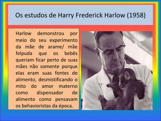 Os estudos de Harry Frederick Harlow (1958) Harlow demonstrou por meio do seu experimento da mãe de arame/ mãe felpuda que os bebês queriam ficar perto de suas mães não somente porque elas eram suas fontes de alimento, desmistificando o mito do amor materno como dispensador de alimento como pensavam os behavioristas da época. 