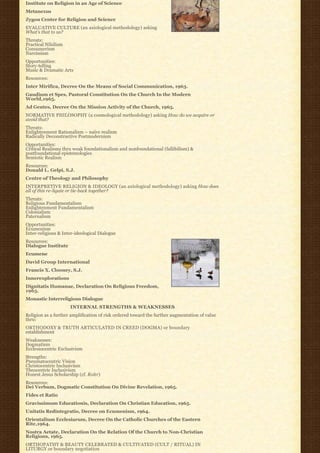 Institute on Religion in an Age of Science
Metanexus
Zygon Center for Religion and Science
EVALUATIVE CULTURE (an axiological methodology) asking
What’s that to us?
Threats:
Practical Nihilism
Consumerism
Narcissism
Opportunities:
Story-telling
Music & Dramatic Arts
Resources:
Inter Mirifica, Decree On the Means of Social Communication, 1963.
Gaudium et Spes, Pastoral Constitution On the Church In the Modern
World,1965.
Ad Gentes, Decree On the Mission Activity of the Church, 1965.
NORMATIVE PHILOSOPHY (a cosmological methodology) asking How do we acquire or
avoid that?
Threats:
Enlightenment Rationalism – naïve realism
Radically Deconstructive Postmodernism
Opportunities:
Critical Realisms thru weak foundationalism and nonfoundational (fallibilism) &
postfoundational epistemologies
Semiotic Realism
Resources:
Donald L. Gelpi, S.J.
Centre of Theology and Philosophy
INTERPRETIVE RELIGION & IDEOLOGY (an axiological methodology) asking How does
all of this re-ligate or tie-back together?
Threats:
Religious Fundamentalism
Enlightenment Fundamentalism
Colonialism
Paternalism
Opportunities:
Ecumenism
Inter-religious & Inter-ideological Dialogue
Resources:
Dialogue Institute
Ecumene
David Group International
Francis X. Clooney, S.J.
Innerexplorations
Dignitatis Humanae, Declaration On Religious Freedom,
1965.
Monastic Interreligious Dialogue
                     INTERNAL STRENGTHS & WEAKNESSES
Religion as a further amplification of risk ordered toward the further augmentation of value
thru:
ORTHODOXY & TRUTH ARTICULATED IN CREED (DOGMA) or boundary
establishment
Weaknesses:
Dogmatism
Ecclesiocentric Exclusivism
Strengths:
Pneumatocentric Vision
Christocentric Inclusivism
Theocentric Inclusivism
Honest Jesus Scholarship (cf. Rohr)
Resources:
Dei Verbum, Dogmatic Constitution On Divine Revelation, 1965.
Fides et Ratio
Gravissimum Educationis, Declaration On Christian Education, 1965.
Unitatis Redintegratio, Decree on Ecumenism, 1964.
Orientalium Ecclesiarum, Decree On the Catholic Churches of the Eastern
Rite,1964.
Nostra Aetate, Declaration On the Relation Of the Church to Non-Christian
Religions, 1965.
ORTHOPATHY & BEAUTY CELEBRATED & CULTIVATED (CULT / RITUAL) IN
LITURGY or boundary negotiation
 