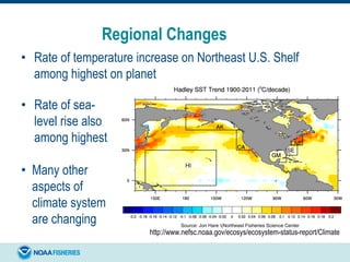 Regional Changes
• Rate of temperature increase on Northeast U.S. Shelf
among highest on planet
• Rate of sea-
level rise also
among highest
• Many other
aspects of
climate system
are changing
http://www.nefsc.noaa.gov/ecosys/ecosystem-status-report/Climate
Source: Jon Hare (Northeast Fisheries Science Center)
 