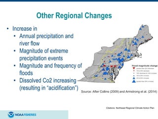 Other Regional Changes
• Increase in
• Annual precipitation and
river flow
• Magnitude of extreme
precipitation events
• Magnitude and frequency of
floods
• Dissolved Co2 increasing
(resulting in “acidification”)
Citations: Northeast Regional Climate Action Plan)
Source: After Collins (2009) and Armstrong et al. (2014)
 