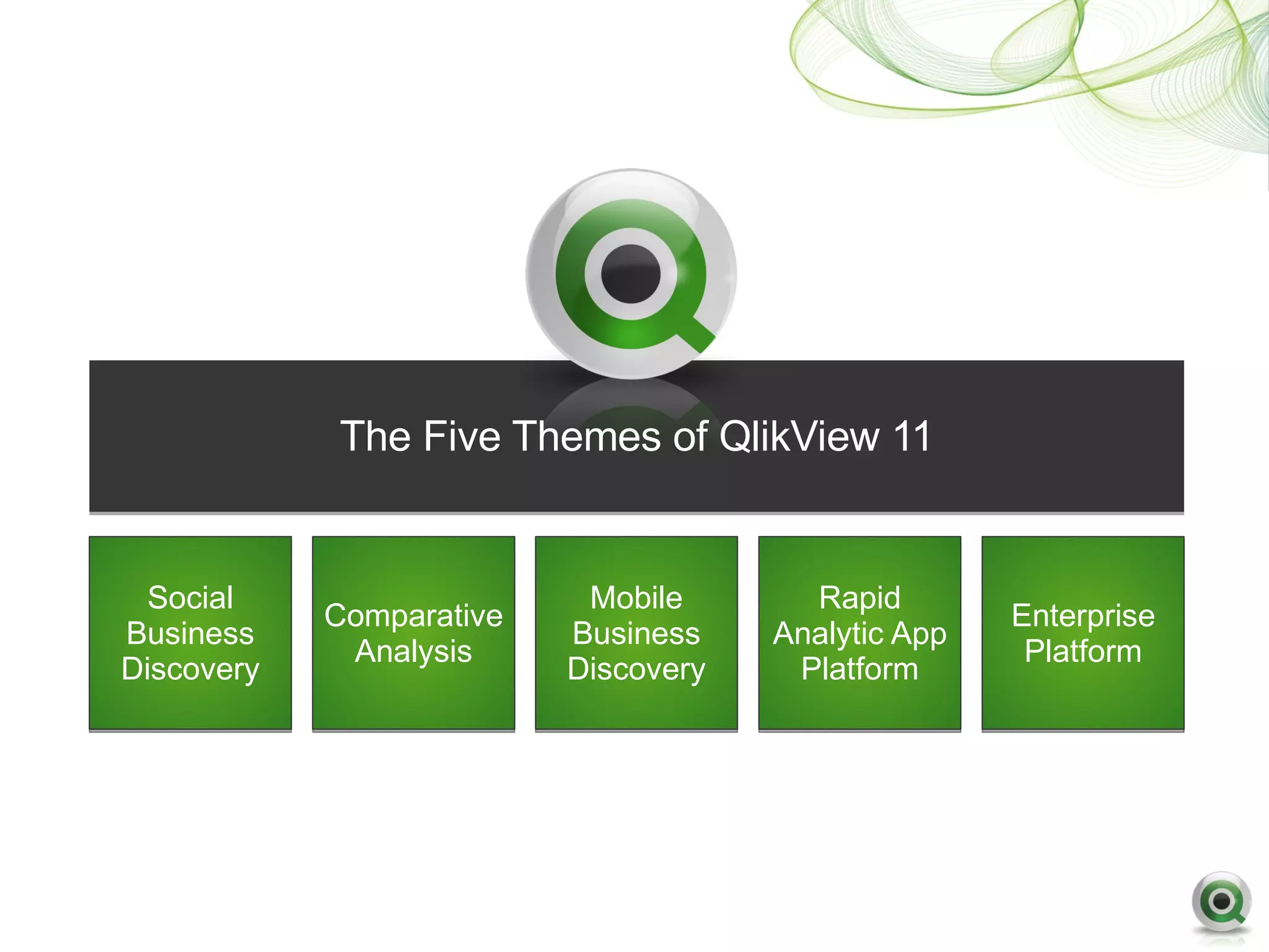 The Five Themes of QlikView 11


  Social                   Mobile       Rapid
            Comparative                              Enterprise
Business                  Business    Analytic App
             Analysis                                 Platform
Discovery                 Discovery    Platform
 