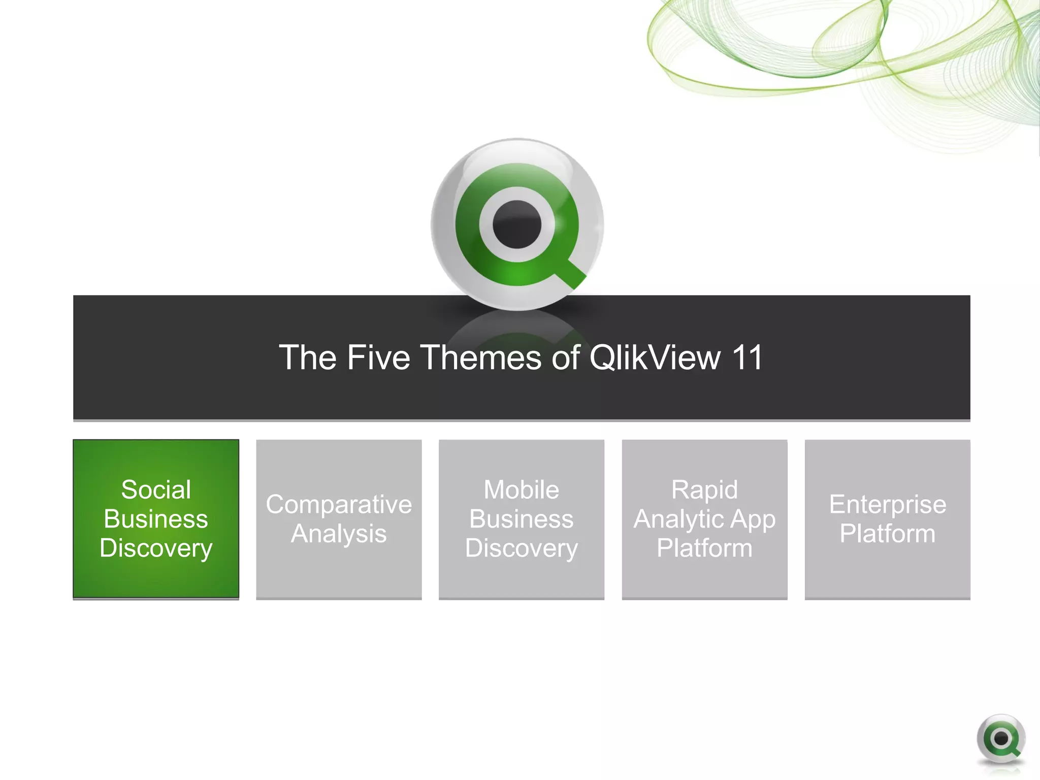 The Five Themes of QlikView 11


  Social                   Mobile       Rapid
            Comparative                              Enterprise
Business                  Business    Analytic App
             Analysis                                 Platform
Discovery                 Discovery    Platform
 