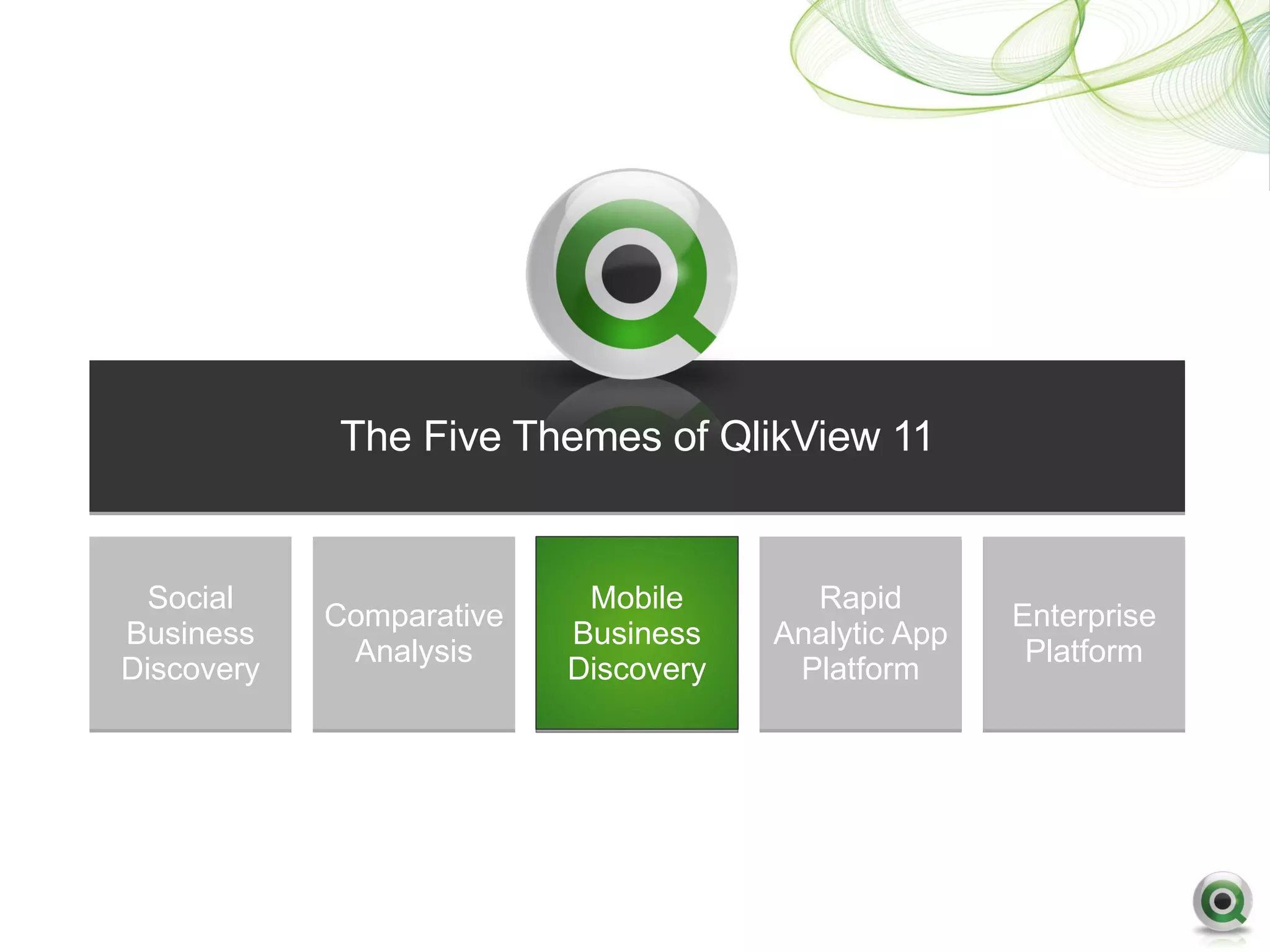 The Five Themes of QlikView 11


  Social                   Mobile       Rapid
            Comparative                              Enterprise
Business                  Business    Analytic App
             Analysis                                 Platform
Discovery                 Discovery    Platform
 