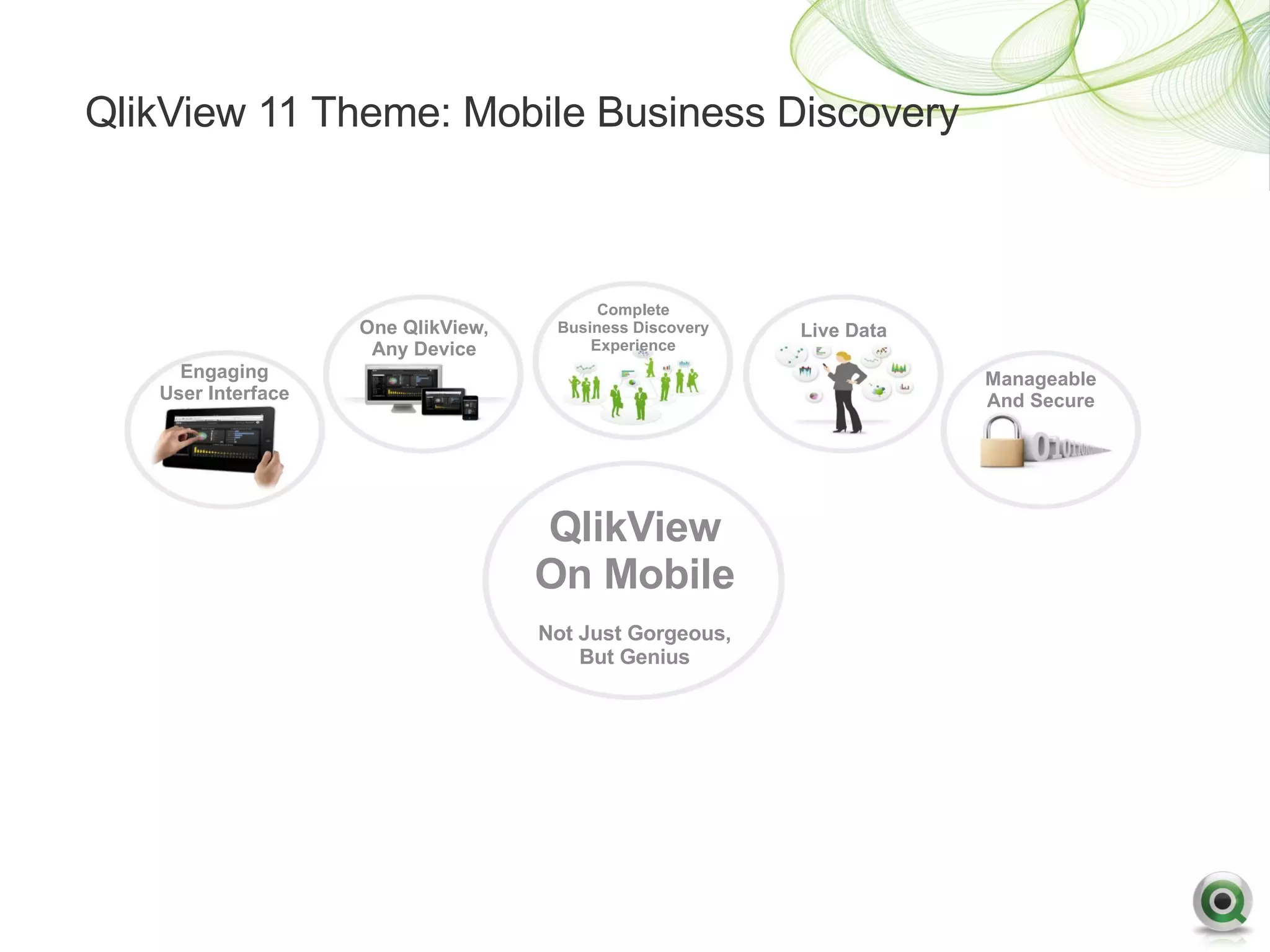 QlikView 11 Theme: Mobile Business Discovery



                                          Complete
                    One QlikView,    Business Discovery   Live Data
                     Any Device          Experience
     Engaging                                                         Manageable
   User Interface                                                     And Secure




                                    QlikView
                                    On Mobile
                                    Not Just Gorgeous,
                                        But Genius
 