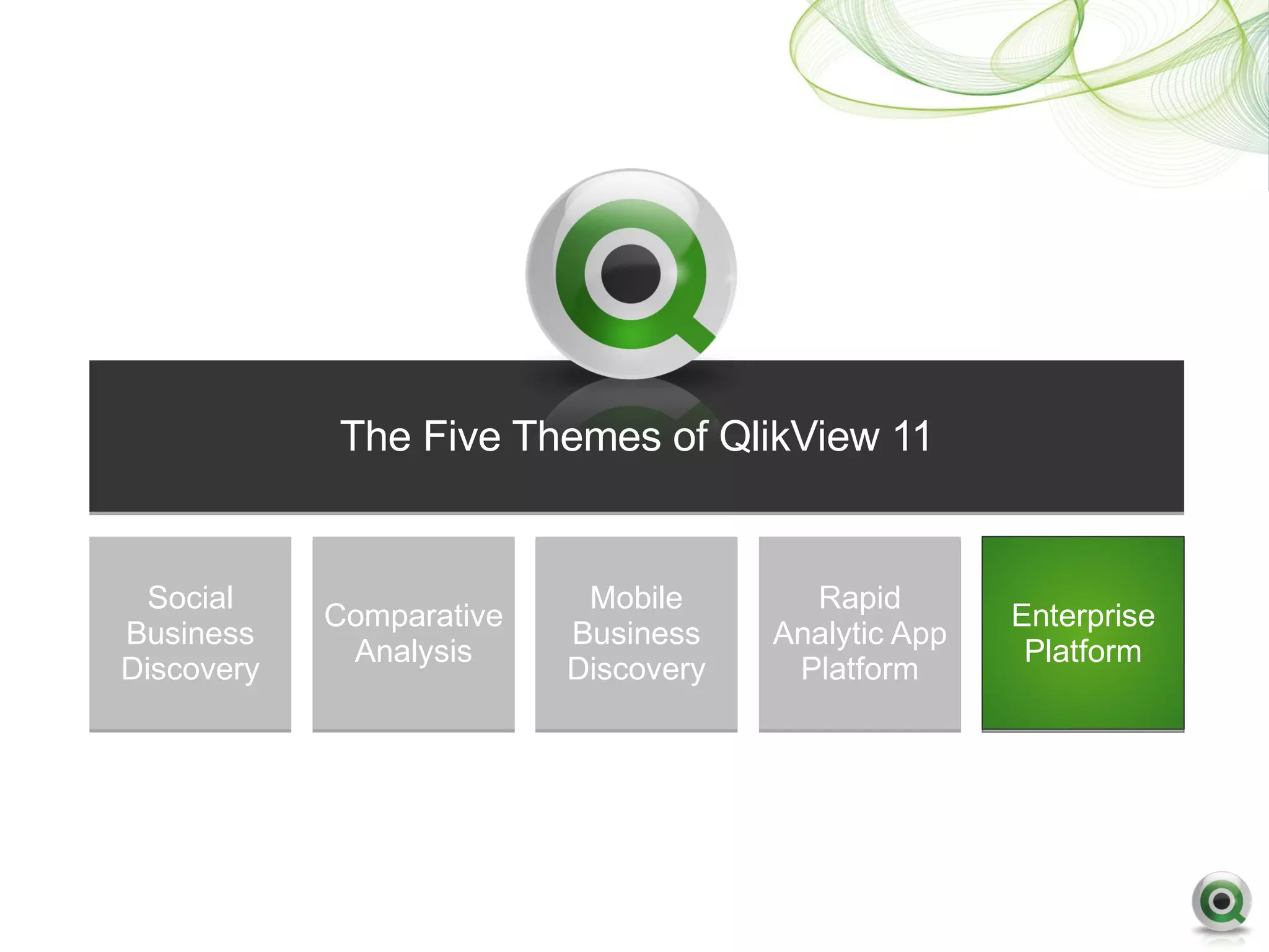 The Five Themes of QlikView 11


  Social                   Mobile       Rapid
            Comparative                              Enterprise
Business                  Business    Analytic App
             Analysis                                 Platform
Discovery                 Discovery    Platform
 