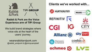 Rabbit & Pork are the Voice
Experience arm of TIPi Group
We build brand strategies where
voice sits at the heart of the
us...