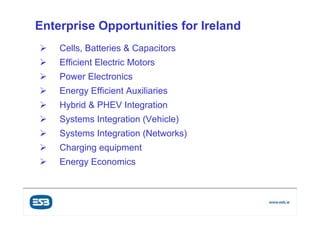 Enterprise Opportunities for Ireland
   Cells, Batteries & Capacitors
   Efficient Electric Motors
   Power Electronics
   Energy Efficient Auxiliaries
   Hybrid & PHEV Integration
   Systems Integration (Vehicle)
   Systems Integration (Networks)
   Charging equipment
   Energy Economics



    Customer Supply & Group Services
      Power Generation & Supply
 