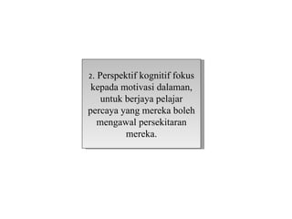 2.Perspektif kognitif fokus
 kepada motivasi dalaman,
   untuk berjaya pelajar
percaya yang mereka boleh
  mengawal persekitaran
         mereka.
 