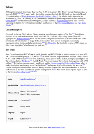 Free resource taken from www.alevelmedia.co.uk
Release
Although the original film release date was June 8, 2012, in January 2011 Disney moved the release date to
March 9, 2012.[11][17][44]
A teaser trailer for the film premiered on July 14, 2011 and was shown in 3D and
2D with showings of Harry Potter and the Deathly Hallows – Part 2; the official trailer premiered on
November 30, 2011. On February 5, 2012 an extended commercial promoting the movie aired during the
Super Bowl,[45]
and before the day of the game, Andrew Stanton, a Massachusetts native, held a special
screening of the film for both the team members and families of the New England Patriots and New York
Giants.[46]
Critical reception
One week before the film's release, Disney removed an embargo on reviews of the film.[47]
John Carter
received mixed reviews from critics. As of March 16, 2012, it holds a 51% rating on the film-critics
aggregate site Rotten Tomatoes based on 189 reviews; the general consensus is "While John Carter looks
terrific and delivers its share of pulpy thrills, it also suffers from uneven pacing and occasionally
incomprehensible plotting and characterization."[48]
On Metacritic, the film holds a rating of 53% based on
36 reviews, signifying "Mixed or average reviews".[49]
Box office
John Carter has earned $62,347,000 in North America and $172,100,000 in other countries as of March 25,
2012, for a worldwide gross of $234,447,000.[5]
In North America, it opened in first place on Friday, March
9, 2012 with $9.81 million.[65]
However, by Sunday, it had grossed $30.2 million, falling to second place for
the weekend, behind The Lorax.[66]
Outside North America, it topped the weekend chart, opening with $70.6
million.[67]
Its highest-grossing country was Russia and the Commonwealth of Independent States, where it
broke the all-time opening-day record ($6.5 million)[68]
and earned $16.5 million during the weekend.[69]
Despite strong overseas numbers, however, Disney revealed that the film was expected to lose as much as
$200 million in the their second fiscal quarter ending March 31.[16]
As a result, media reports began to refer
to the film as a box office bomb.[70][71][72]
Studio Walt Disney Pictures[1]
Distributed by Walt Disney Studios Motion Pictures
Release date(s)
March 7, 2012 (France)
[2]
March 9, 2012 (United States)
Running time 132 minutes[3]
Country United States
Language English
Budget $250 million [4]
 