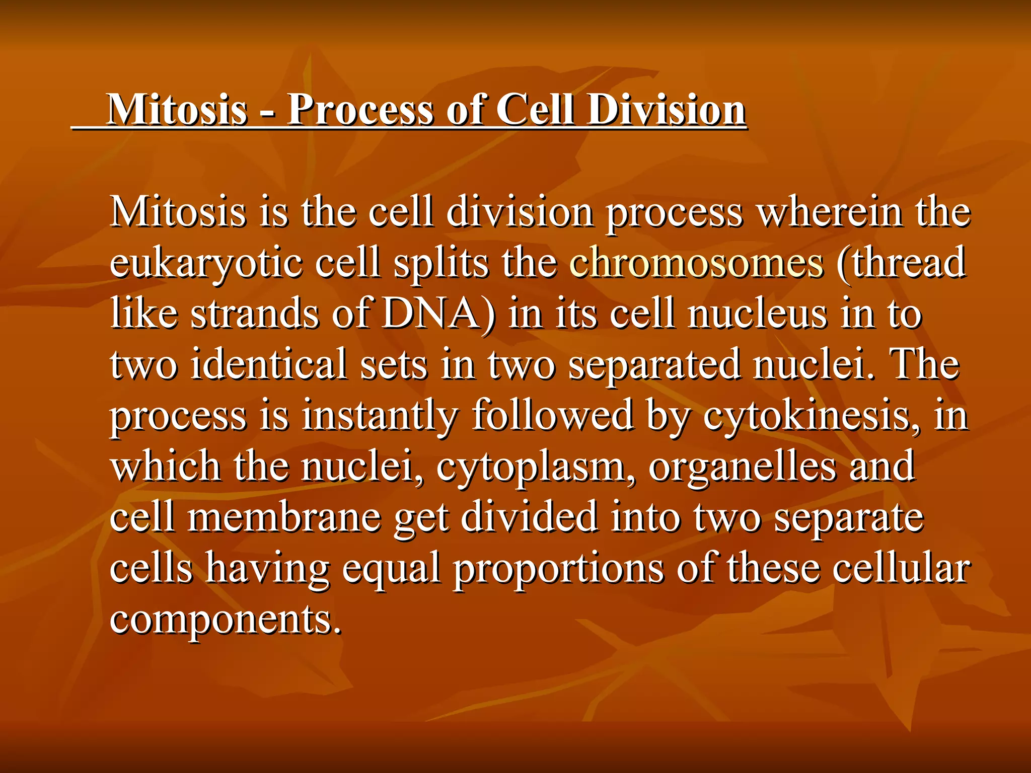 Mitosis - Process of Cell Division Mitosis is the cell division process wherein the eukaryotic cell splits the  chromosomes  (thread like strands of DNA) in its cell nucleus in to two identical sets in two separated nuclei. The process is instantly followed by cytokinesis, in which the nuclei, cytoplasm, organelles and cell membrane get divided into two separate cells having equal proportions of these cellular components.  