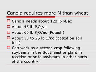 Canola requires more N than wheat
 Canola needs about 120 lb N/ac
 About 45 lb P2O5/ac
 About 60 lb K2O/ac (Potash)
 A...