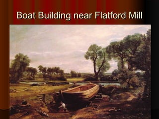 Peculiarities of style
• Turner’s mature work is characterized by a
  chromatic palette and broadly applied atmospheric
  washes of paint.
• The significance of light was to him the emanation of God's
  spirit.
• Turner’s works of art are characterized by sloven brushwork.
• He refined the subject matters of his later paintings by
  leaving out solid objects and detail, concentrating on the play
  of light and colour.
• The artist who could most "stirringly and truthfully measure
  the moods of Nature.“
 