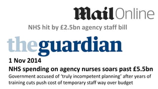 NHS hit by £2.5bn agency staff bill
1 Nov 2014
NHS spending on agency nurses soars past £5.5bn
Government accused of ‘truly incompetent planning’ after years of
training cuts push cost of temporary staff way over budget
 