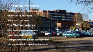 The Patient experience
• different journey, same outcome
• mechanistic processes
• treatment not care
The Staff experience
• the system dictates culture
• over managed
• a fragmented treatment conveyor belt
• an investment in capital, not revenue
 