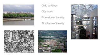 Civic buildings
City fabric
Extension of the city
Simulacra of the city
 