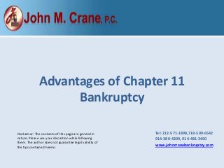 Advantages of Chapter 11
Bankruptcy
Disclaimer: The contents of this page are general in
nature. Please use your discretion while following
them. The author does not guarantee legal validity of
the tips contained herein.

Tel: 212-571-1898,​718-509-6542
​914-380-4209, 914-481-3450
www.johncranebankruptcy.com

 