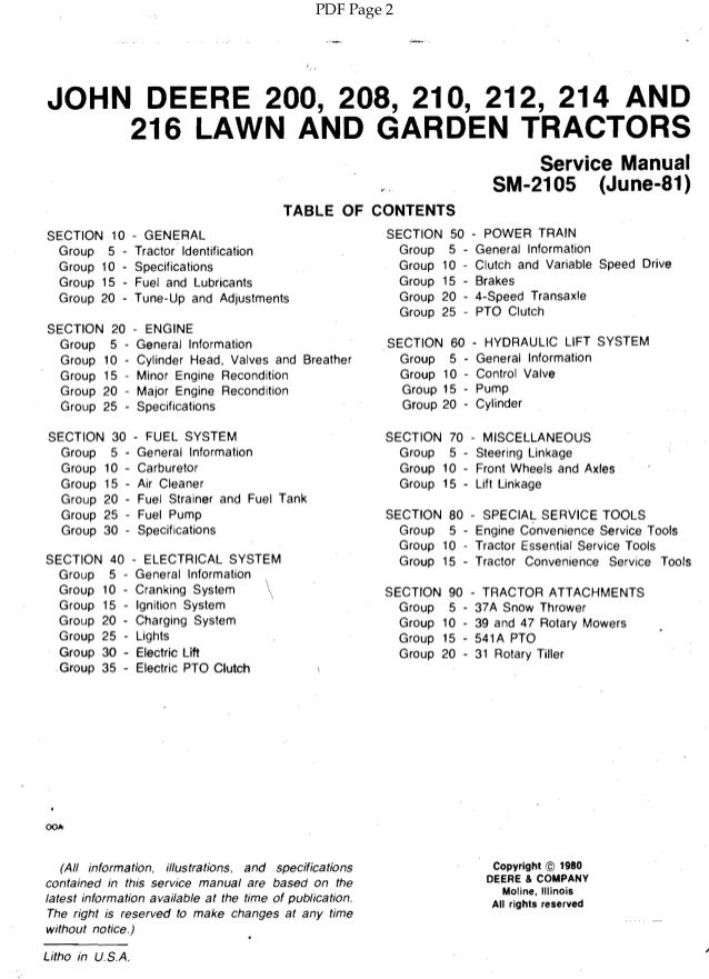 John Deere 200 Lawn And Garden Tractors Service Manual Sm2105