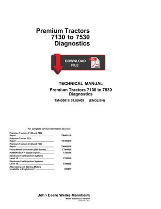 Premium Tractors
7130 to 7530
Diagnostics
TECHNICAL MANUAL
Premium Tractors 7130 to 7530
Diagnostics
TM400019 01JUN09 (ENGLISH)
For complete service information also see:
Premium Tractors 7130 and 7230
John Deere Werke Mannheim
North American Version
LITHO IN U.S.A.
Repair ................................................................... TM400119
Premium Tractor 7330
Repair ................................................................... TM400219
Premium Tractors 7430 and 7530
Repair ................................................................... TM400319
Front-Wheel Drive Axles (700 Series)................ CTM4820
POWERTECH™ Diesel Engines......................... CTM104
Electronic Fuel Injection Systems
Level 14 ................................................................ CTM320
Electronic Fuel Injection Systems
Level 16 ................................................................ CTM502
Alternators and Starting Motors
(available in English only) .................................. CTM77
 