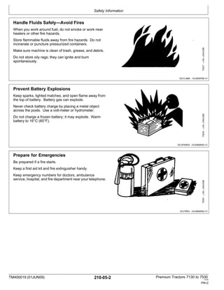 Safety Information
TM400019 (01JUN09) 210-05-2 Premium Tractors 7130 to 7530
110909
PN=2
Handle Fluids Safely—Avoid Fires
When you work around fuel, do not smoke or work near
heaters or other fire hazards.
Store flammable fluids away from fire hazards. Do not
incinerate or puncture pressurized containers.
Make sure machine is clean of trash, grease, and debris.
Do not store oily rags; they can ignite and burn
spontaneously.
DX,FLAME -19-29SEP98-1/1
Prevent Battery Explosions
Keep sparks, lighted matches, and open flame away from
the top of battery. Battery gas can explode.
Never check battery charge by placing a metal object
across the posts. Use a volt-meter or hydrometer.
Do not charge a frozen battery; it may explode. Warm
battery to 16°C (60°F).
DX,SPARKS -19-03MAR93-1/1
Prepare for Emergencies
Be prepared if a fire starts.
Keep a first aid kit and fire extinguisher handy.
Keep emergency numbers for doctors, ambulance
service, hospital, and fire department near your telephone.
DX,FIRE2 -19-03MAR93-1/1
TS291
—UN—23AUG88
TS204
—UN—23AUG88
TS227
—UN—23AUG88
 
