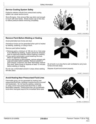 Safety Information
TM400019 (01JUN09) 210-05-4 Premium Tractors 7130 to 7530
110909
PN=4
Remove Paint Before Welding or Heating
Avoid potentially toxic fumes and dust.
Hazardous fumes can be generated when paint is heated
by welding, soldering, or using a torch.
Remove paint before heating:
• Remove paint a minimum of 100 mm (4 in.) from area
to be affected by heating. If paint cannot be removed,
wear an approved respirator before heating or welding.
• If you sand or grind paint, avoid breathing the dust.
Wear an approved respirator.
• If you use solvent or paint stripper, remove stripper with
soap and water before welding. Remove solvent or
paint stripper containers and other flammable material
from area. Allow fumes to disperse at least 15 minutes
before welding or heating.
Do not use a chlorinated solvent in areas where welding
will take place.
Do all work in an area that is well ventilated to carry toxic
fumes and dust away.
Dispose of paint and solvent properly.
DX,PAINT -19-24JUL02-1/1
Service Cooling System Safely
Explosive release of fluids from pressurized cooling
system can cause serious burns.
Shut off engine. Only remove filler cap when cool enough
to touch with bare hands. Slowly loosen cap to first stop
to relieve pressure before removing completely.
DX,RCAP -19-04JUN90-1/1
Avoid Heating Near Pressurized Fluid Lines
Flammable spray can be generated by heating near
pressurized fluid lines, resulting in severe burns to yourself
and bystanders. Do not heat by welding, soldering,
or using a torch near pressurized fluid lines or other
flammable materials. Pressurized lines can accidentally
burst when heat goes beyond the immediate flame area.
DX,TORCH -19-10DEC04-1/1
TS953
—UN—15MAY90
TS220
—UN—23AUG88
TS281
—UN—23AUG88
 