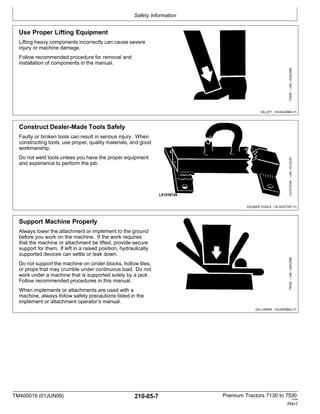 Safety Information
TM400019 (01JUN09) 210-05-7 Premium Tractors 7130 to 7530
110909
PN=7
Use Proper Lifting Equipment
Lifting heavy components incorrectly can cause severe
injury or machine damage.
Follow recommended procedure for removal and
installation of components in the manual.
DX,LIFT -19-04JUN90-1/1
Construct Dealer-Made Tools Safely
Faulty or broken tools can result in serious injury. When
constructing tools, use proper, quality materials, and good
workmanship.
Do not weld tools unless you have the proper equipment
and experience to perform the job.
DX,SAFE,TOOLS -19-10OCT97-1/1
Support Machine Properly
Always lower the attachment or implement to the ground
before you work on the machine. If the work requires
that the machine or attachment be lifted, provide secure
support for them. If left in a raised position, hydraulically
supported devices can settle or leak down.
Do not support the machine on cinder blocks, hollow tiles,
or props that may crumble under continuous load. Do not
work under a machine that is supported solely by a jack.
Follow recommended procedures in this manual.
When implements or attachments are used with a
machine, always follow safety precautions listed in the
implement or attachment operator’s manual.
DX,LOWER -19-24FEB00-1/1
TS229
—UN—23AUG88
LX1016749
—UN—01JUL97
TS226
—UN—23AUG88
 
