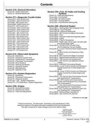 Contents
TM400019 (01JUN09) i Premium Tractors 7130 to 7530
110909
PN=1
Section 210—General Information
Group 05—Safety Information
Group 10—General References
Section 211—Diagnostic Trouble Codes
Group ATC—ATC Control Unit
Group BCU—BCU Control Unit
Group BIF—BIF Control Unit
Group DSM—DSM Control Unit
Group DTI—DTI Control Unit
Group ECU—ECU Control Unit
Group EPC—EPC Control Unit
Group ETC—ETC Control Unit
Group JDL—JDL Control Unit
Group PLC—PLC Control Unit
Group SIC—SIC Control Unit
Group SSU—SSU Control Unit
Group TCU—TCU Control Unit
Group TEC—TEC Control Unit
Group TEI—TEI Control Unit
Group TSC—TSC Control Unit
Group UIC—UIC Control Unit
Group UIM—UIM Control Unit
Group VTI—VTI Control Unit
Section 212—Observable Symptoms
Group 40—Electronics
Group 45—Electronic Control Units
Group 53—AutoPowr/IVT Transmission
Group 55—PowrQuad Transmission
Group 56—Drive Systems
Group 60—Steering and Brakes
Group 70—Hydraulic System
Group 80—Miscellaneous
Group 90—Operator’s Cab
Section 213—System Diagnostics
Group 45—Electronics
Group 55—PowrQuad Transmission
Group 70—Hydraulic System
Group JDL—JDL - System Diagnostics
Group VTI—VTI (GreenStar) - System Diagnostics
Section 220—Engine
Group 05—General Information
Group 10—Operational Checks
Group 15—Tests and Adjustments
Section 230—Fuel, Air Intake and Cooling
Systems
Group 15—Tests and Adjustments
Group 20A—Fuel System
Group 20B—Air Intake System
Group 20C—Cooling System
Group 20D—Cold-Weather Starting Aids
Section 240—Electrical System
Group SE01—Starting Motor and Charging Circuit
Group SE01A—Fuel Preheater
Group SE01B—Electrical Starting Aid
Group SE02—BIF Control Unit (Basic Informator)
Group SE03—Horn
Group SE04—Operator’s Seat and Cigarette Lighter
Group SE06—Lights
Group SE08—Plug for Accessories
Group SE09—Radio Light, Dome Light, Console Light
and Access Step Lights
Group SE10—ATC/ETC/HTC Control Units
(Air-Conditioning, Fan and Heater)
Group SE14—3- and 7-Terminal Power Outlet Sockets
(SAE)
Group SE15—BCU Control Unit (Electronic Hitch
Control)
Group SE16—BCU Control Unit (Basic Functions)
Group SE17—Signal Socket and Service Socket
Group SE20—TSC Control Unit (Suspension)
Group SE21—SIC Control Unit (Selective Control
Valves)
Group SE22—CAN BUS Terminating Resistor
Group SE23A—Level 14 ECU Control Unit (Electronic
Engine Control) for 4-Valve Engine with
HPCR
Group SE23B—Level 16 ECU Control Unit (Electronic
Engine Control) for 2-Valve Engine with
HPCR
Group SE26—TCU Control Unit (Transmission Control
with AutoPowr/IVT Transmission)
Group SE26A—EPC Control Unit (Transmission
Control with PowrQuad Plus or AutoQuad
Plus Transmission)
Group SE27—UIC Control Unit (Transmission Control
with AutoPowr/IVT Transmission)
Group SE28—PLC Control Unit (Electronic Park Lock
with AutoPowr/IVT Transmission)
Group SE29—Electrical Rear-View Mirrors
Group SE30—JDL Control Unit (JDLink)
Continued on next page
Original Instructions. All information, illustrations and specifications in this
manual are based on the latest information available at the time of publication.
The right is reserved to make changes at any time without notice.
COPYRIGHT © 2009
DEERE & COMPANY
European Office Mannheim
All rights reserved.
A John Deere ILLUSTRUCTION ® Manual
Previous Editions
Copyright © 2008, 2007
 