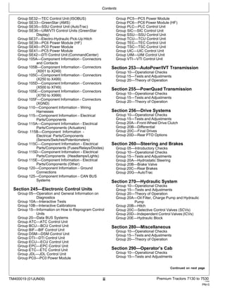 Contents
TM400019 (01JUN09) ii Premium Tractors 7130 to 7530
110909
PN=3
Group SE32—TEC Control Unit (ISOBUS)
Group SE33—GreenStar (AMS)
Group SE35—SSU Control Unit (AutoTrac)
Group SE36—UIM/VTI Control Units (GreenStar
Display)
Group SE37—Electro-Hydraulic Pick-Up Hitch
Group SE39—PC6 Power Module (HF)
Group SE40—PC0 Power Module
Group SE41—PC5 Power Module
Group SE42—DTI Control Unit (CommandCenter)
Group 105A—Component Information - Connectors
and Contacts
Group 105B—Component Information - Connectors
(X001 to X249)
Group 105C—Component Information - Connectors
(X250 to X499)
Group 105D—Component Information - Connectors
(X500 to X749)
Group 105E—Component Information - Connectors
(X750 to X999)
Group 105F—Component Information - Connectors
(XGND)
Group 110—Component Information - Wiring
Harnesses
Group 115—Component Information - Electrical
Parts/Components
Group 115A—Component Information - Electrical
Parts/Components (Actuators)
Group 115B—Component Information -
Electrical Parts/Components
(Sensors/Switches/Potentiometers)
Group 115C—Component Information - Electrical
Parts/Components (Fuses/Relays/Diodes)
Group 115D—Component Information - Electrical
Parts/Components (Headlamps/Lights)
Group 115E—Component Information - Electrical
Parts/Components (Other)
Group 120—Component Information - Ground
Connections
Group 125—Component Information - CAN BUS
Systems
Section 245—Electronic Control Units
Group 05—Operation and General Information on
Diagnostics
Group 10A—Interactive Tests
Group 10B—Interactive Calibrations
Group 15—Information on How to Reprogram Control
Units
Group 20—Data BUS Systems
Group ATC—ATC Control Unit
Group BCU—BCU Control Unit
Group BIF—BIF Control Unit
Group DSM—DSM Control Unit
Group DTI—DTI Control Unit
Group ECU—ECU Control Unit
Group EPC—EPC Control Unit
Group ETC—ETC Control Unit
Group JDL—JDL Control Unit
Group PC0—PC0 Power Module
Group PC5—PC5 Power Module
Group PC6—PC6 Power Module (HF)
Group PLC—PLC Control Unit
Group SIC—SIC Control Unit
Group SSU—SSU Control Unit
Group TCU—TCU Control Unit
Group TEC—TEC Control Unit
Group TSC—TSC Control Unit
Group UIC—UIC Control Unit
Group UIM—UIM Control Unit
Group VTI—VTI Control Unit
Section 253—AutoPowr/IVT Transmission
Group 10—Operational Checks
Group 15—Tests and Adjustments
Group 20—Theory of Operation
Section 255—PowrQuad Transmission
Group 10—Operational Checks
Group 15—Tests and Adjustments
Group 20—Theory of Operation
Section 256—Drive Systems
Group 10—Operational Checks
Group 15—Tests and Adjustments
Group 20A—Front-Wheel Drive Clutch
Group 20B—Differential
Group 20C—Final Drives
Group 20D—Rear PTO Options
Section 260—Steering and Brakes
Group 05—Introductory Checks
Group 10—Operational Checks
Group 15—Tests and Adjustments
Group 20A—Hydrostatic Steering
Group 20B—Brake Valve
Group 20C—Rear Brakes
Group 20G—AutoTrac
Section 270—Hydraulic System
Group 10—Operational Checks
Group 15—Tests and Adjustments
Group 20—Theory of Operation
Group 20A—Oil Filter, Charge Pump and Hydraulic
Pump
Group 20B—Hitch
Group 20C—Selective Control Valves (SCVs)
Group 20D—Independent Control Valves (ICVs)
Group 20E—Hydraulic Block
Section 280—Miscellaneous
Group 10—Operational Checks
Group 15—Tests and Adjustments
Group 20—Theory of Operation
Section 290—Operator’s Cab
Group 10—Operational Checks
Group 15—Tests and Adjustments
Continued on next page
 