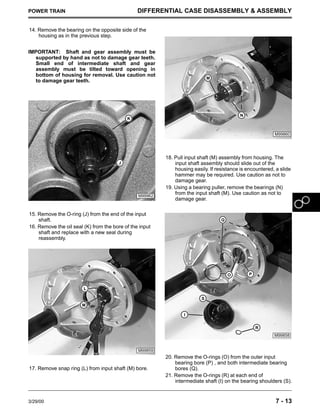 3/29/00 7 - 13
POWER TRAIN DIFFERENTIAL CASE DISASSEMBLY & ASSEMBLY
14. Remove the bearing on the opposite side of the
housing as in the previous step.
IMPORTANT: Shaft and gear assembly must be
supported by hand as not to damage gear teeth.
Small end of intermediate shaft and gear
assembly must be tilted toward opening in
bottom of housing for removal. Use caution not
to damage gear teeth.
15. Remove the O-ring (J) from the end of the input
shaft.
16. Remove the oil seal (K) from the bore of the input
shaft and replace with a new seal during
reassembly.
17. Remove snap ring (L) from input shaft (M) bore.
18. Pull input shaft (M) assembly from housing. The
input shaft assembly should slide out of the
housing easily. If resistance is encountered, a slide
hammer may be required. Use caution as not to
damage gear.
19. Using a bearing puller, remove the bearings (N)
from the input shaft (M). Use caution as not to
damage gear.
20. Remove the O-rings (O) from the outer input
bearing bore (P) , and both intermediate bearing
bores (Q).
21. Remove the O-rings (R) at each end of
intermediate shaft (I) on the bearing shoulders (S).
M99962
K
J
M99859
M
L
M99860
M
N
M99858
O P
Q
S
R
I
 