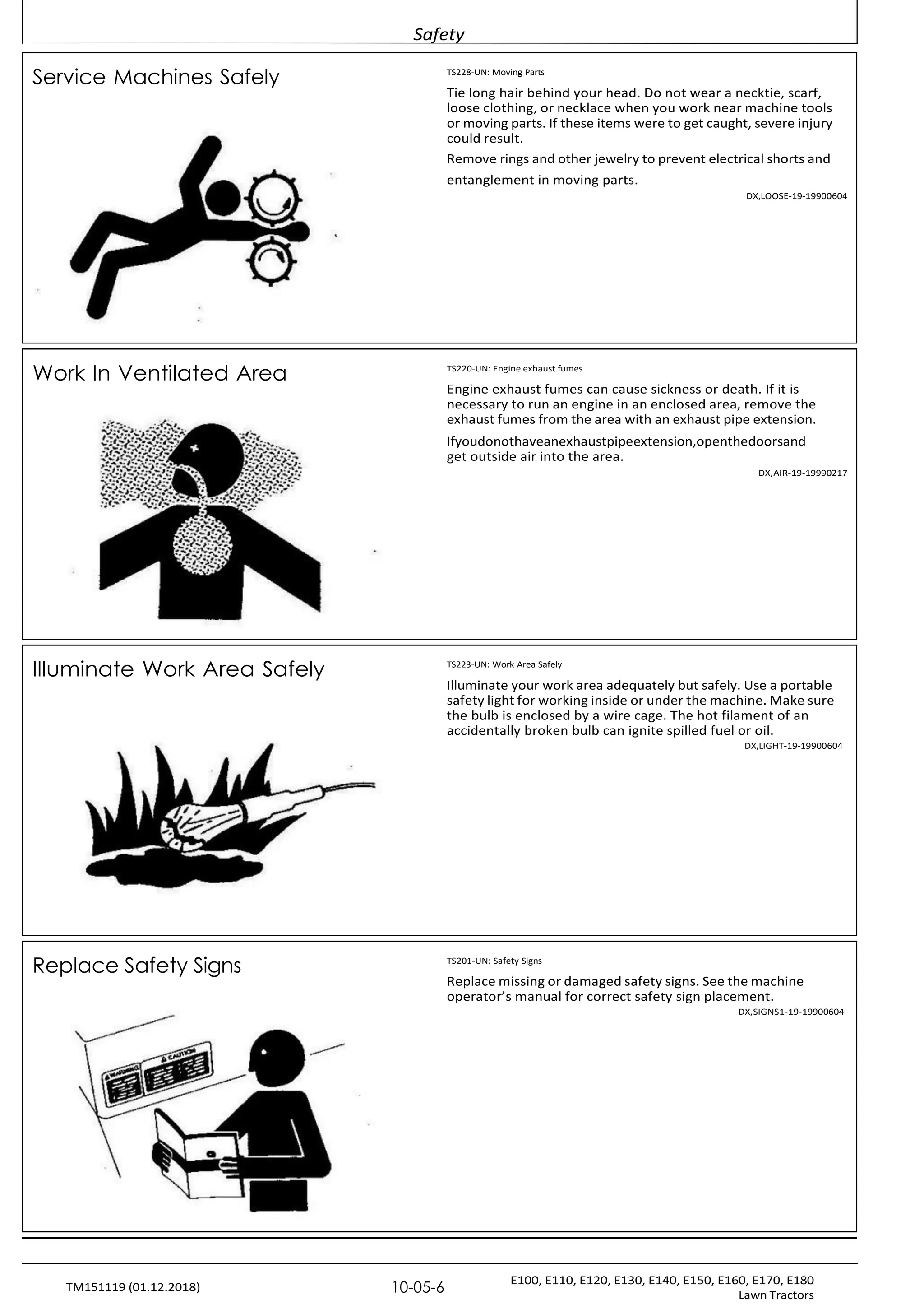 Safety
E100, E110, E120, E130, E140, E150, E160, E170, E180
Lawn Tractors
10-05-6
TM151119 (01.12.2018)
Service Machines Safely TS228-UN: Moving Parts
Tie long hair behind your head. Do not wear a necktie, scarf,
loose clothing, or necklace when you work near machine tools
or moving parts. If these items were to get caught, severe injury
could result.
Remove rings and other jewelry to prevent electrical shorts and
entanglement in moving parts.
DX,LOOSE-19-19900604
Work In Ventilated Area TS220-UN: Engine exhaust fumes
Engine exhaust fumes can cause sickness or death. If it is
necessary to run an engine in an enclosed area, remove the
exhaust fumes from the area with an exhaust pipe extension.
Ifyoudonothaveanexhaustpipeextension,openthedoorsand
get outside air into the area.
DX,AIR-19-19990217
Illuminate Work Area Safely TS223-UN: Work Area Safely
Illuminate your work area adequately but safely. Use a portable
safety light for working inside or under the machine. Make sure
the bulb is enclosed by a wire cage. The hot filament of an
accidentally broken bulb can ignite spilled fuel or oil.
DX,LIGHT-19-19900604
Replace Safety Signs TS201-UN: Safety Signs
Replace missing or damaged safety signs. See the machine
operator’s manual for correct safety sign placement.
DX,SIGNS1-19-19900604
 