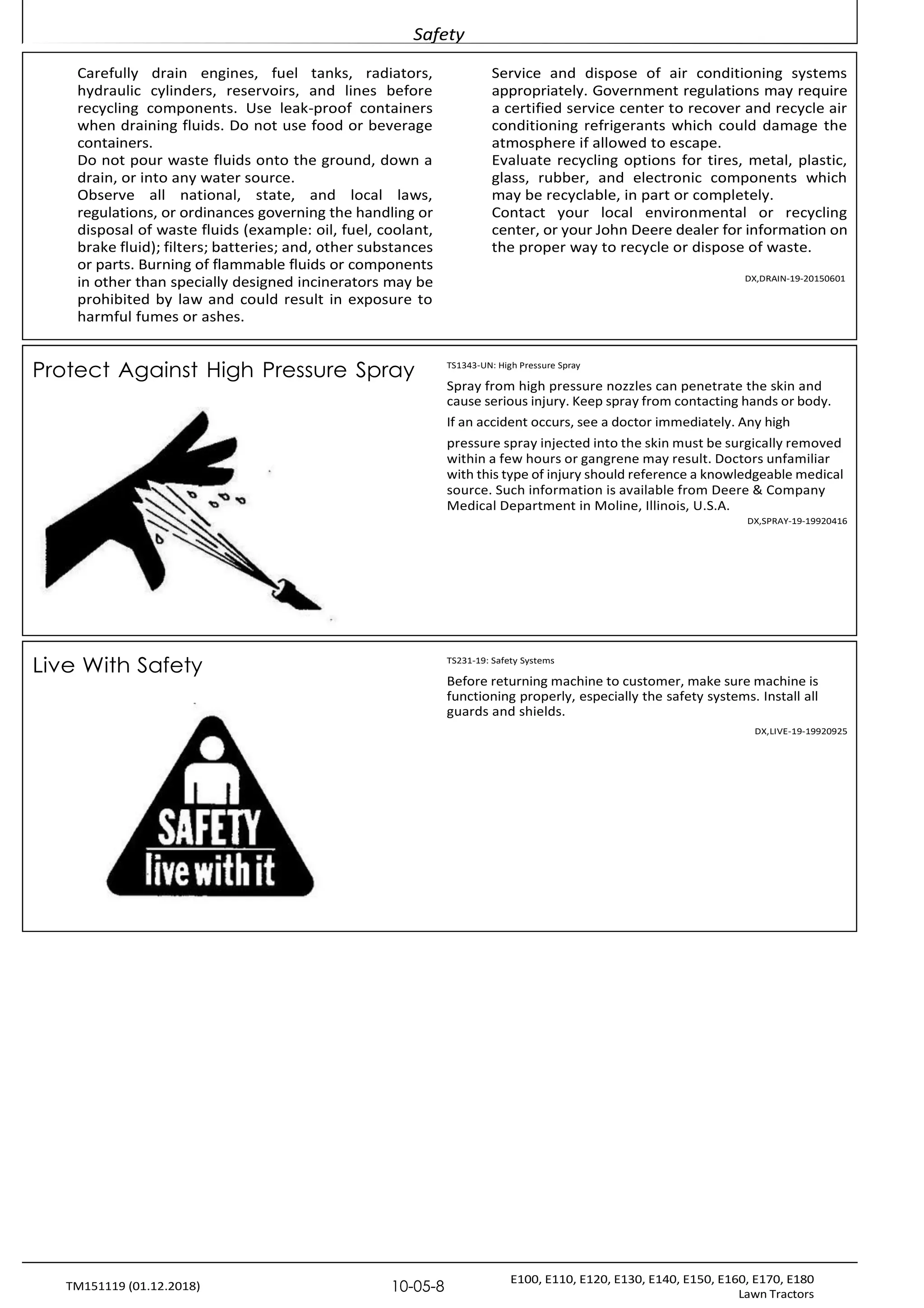 Safety
E100, E110, E120, E130, E140, E150, E160, E170, E180
Lawn Tractors
10-05-8
TM151119 (01.12.2018)
Protect Against High Pressure Spray TS1343-UN: High Pressure Spray
Spray from high pressure nozzles can penetrate the skin and
cause serious injury. Keep spray from contacting hands or body.
If an accident occurs, see a doctor immediately. Any high
pressure spray injected into the skin must be surgically removed
within a few hours or gangrene may result. Doctors unfamiliar
with this type of injury should reference a knowledgeable medical
source. Such information is available from Deere & Company
Medical Department in Moline, Illinois, U.S.A.
DX,SPRAY-19-19920416
Carefully drain engines, fuel tanks, radiators,
hydraulic cylinders, reservoirs, and lines before
recycling components. Use leak-proof containers
when draining fluids. Do not use food or beverage
containers.
Do not pour waste fluids onto the ground, down a
drain, or into any water source.
Observe all national, state, and local laws,
regulations, or ordinances governing the handling or
disposal of waste fluids (example: oil, fuel, coolant,
brake fluid); filters; batteries; and, other substances
or parts. Burning of flammable fluids or components
in other than specially designed incinerators may be
prohibited by law and could result in exposure to
harmful fumes or ashes.
Service and dispose of air conditioning systems
appropriately. Government regulations may require
a certified service center to recover and recycle air
conditioning refrigerants which could damage the
atmosphere if allowed to escape.
Evaluate recycling options for tires, metal, plastic,
glass, rubber, and electronic components which
may be recyclable, in part or completely.
Contact your local environmental or recycling
center, or your John Deere dealer for information on
the proper way to recycle or dispose of waste.
DX,DRAIN-19-20150601
Live With Safety TS231-19: Safety Systems
Before returning machine to customer, make sure machine is
functioning properly, especially the safety systems. Install all
guards and shields.
DX,LIVE-19-19920925
 