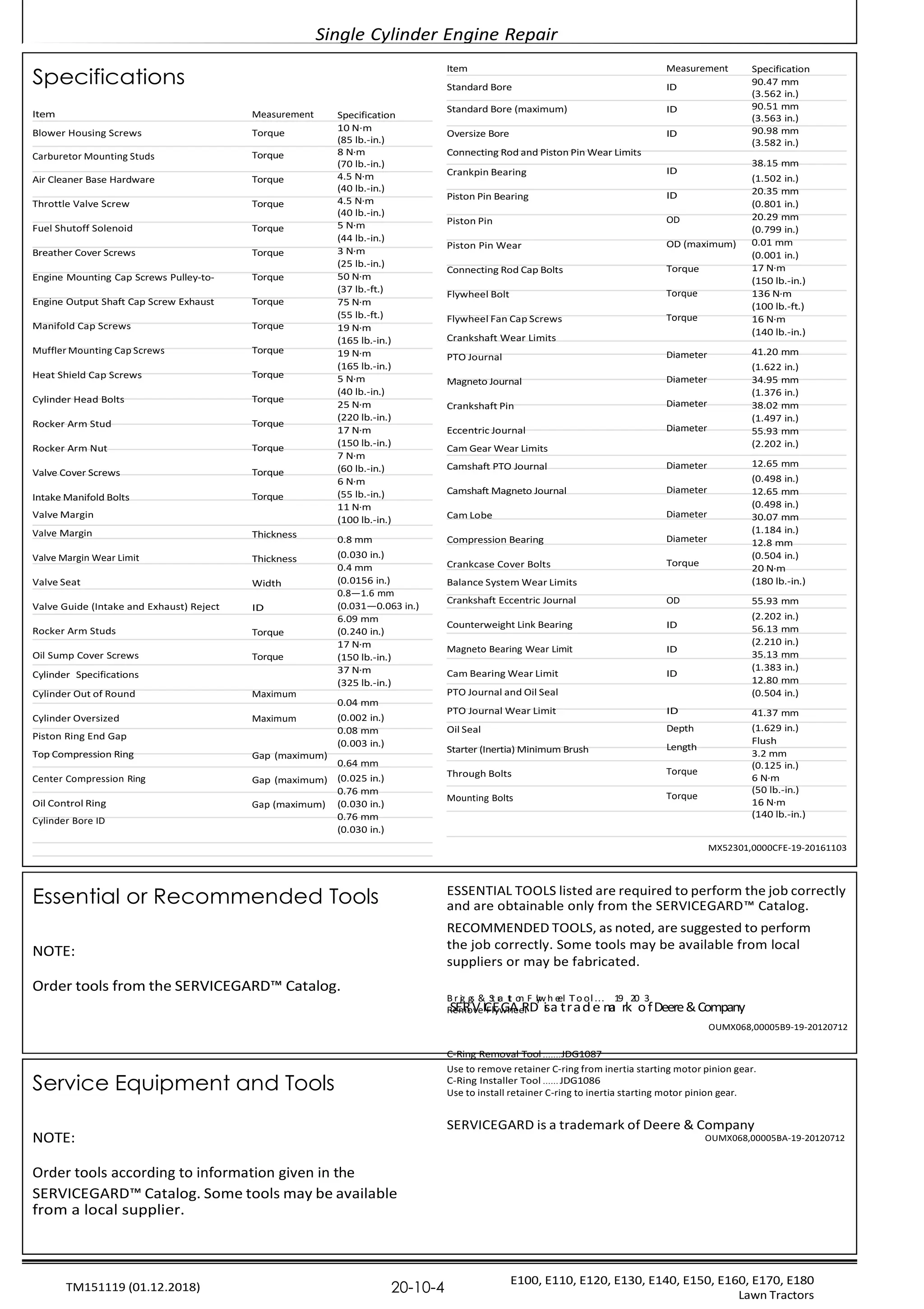 Single Cylinder Engine Repair
E100, E110, E120, E130, E140, E150, E160, E170, E180
Lawn Tractors
20-10-4
TM151119 (01.12.2018)
Remove Flywheel
Specifications
Item
Blower Housing Screws
Carburetor Mounting Studs
Air Cleaner Base Hardware
Throttle Valve Screw
Fuel Shutoff Solenoid
Breather Cover Screws
Engine Mounting Cap Screws Pulley-to-
Engine Output Shaft Cap Screw Exhaust
Manifold Cap Screws
Muffler Mounting Cap Screws
Heat Shield Cap Screws
Cylinder Head Bolts
Rocker Arm Stud
Rocker Arm Nut
Valve Cover Screws
Intake Manifold Bolts
Valve Margin
Valve Margin
Valve Margin Wear Limit
Valve Seat
Valve Guide (Intake and Exhaust) Reject
Rocker Arm Studs
Oil Sump Cover Screws
Cylinder Specifications
Cylinder Out of Round
Cylinder Oversized
Piston Ring End Gap
Top Compression Ring
Center Compression Ring
Oil Control Ring
Cylinder Bore ID
Measurement
Torque
Torque
Torque
Torque
Torque
Torque
Torque
Torque
Torque
Torque
Torque
Torque
Torque
Torque
Torque
Torque
Thickness
Thickness
Width
ID
Torque
Torque
Maximum
Maximum
Gap (maximum)
Gap (maximum)
Gap (maximum)
Specification
10 N·m
(85 lb.-in.)
8 N·m
(70 lb.-in.)
4.5 N·m
(40 lb.-in.)
4.5 N·m
(40 lb.-in.)
5 N·m
(44 lb.-in.)
3 N·m
(25 lb.-in.)
50 N·m
(37 lb.-ft.)
75 N·m
(55 lb.-ft.)
19 N·m
(165 lb.-in.)
19 N·m
(165 lb.-in.)
5 N·m
(40 lb.-in.)
25 N·m
(220 lb.-in.)
17 N·m
(150 lb.-in.)
7 N·m
(60 lb.-in.)
6 N·m
(55 lb.-in.)
11 N·m
(100 lb.-in.)
0.8 mm
(0.030 in.)
0.4 mm
(0.0156 in.)
0.8—1.6 mm
(0.031—0.063 in.)
6.09 mm
(0.240 in.)
17 N·m
(150 lb.-in.)
37 N·m
(325 lb.-in.)
0.04 mm
(0.002 in.)
0.08 mm
(0.003 in.)
0.64 mm
(0.025 in.)
0.76 mm
(0.030 in.)
0.76 mm
(0.030 in.)
Item
Standard Bore
Standard Bore (maximum)
Oversize Bore
Connecting Rod and Piston Pin Wear Limits
Crankpin Bearing
Piston Pin Bearing
Piston Pin
Piston Pin Wear
Connecting Rod Cap Bolts
Flywheel Bolt
Flywheel Fan Cap Screws
Crankshaft Wear Limits
PTO Journal
Magneto Journal
Crankshaft Pin
Eccentric Journal
Cam Gear Wear Limits
Camshaft PTO Journal
Camshaft Magneto Journal
Cam Lobe
Compression Bearing
Crankcase Cover Bolts
Balance System Wear Limits
Crankshaft Eccentric Journal
Counterweight Link Bearing
Magneto Bearing Wear Limit
Cam Bearing Wear Limit
PTO Journal and Oil Seal
PTO Journal Wear Limit
Oil Seal
Starter (Inertia) Minimum Brush
Through Bolts
Mounting Bolts
Measurement
ID
ID
ID
ID
ID
OD
OD (maximum)
Torque
Torque
Torque
Diameter
Diameter
Diameter
Diameter
Diameter
Diameter
Diameter
Diameter
Torque
OD
ID
ID
ID
ID
Depth
Length
Torque
Torque
Specification
90.47 mm
(3.562 in.)
90.51 mm
(3.563 in.)
90.98 mm
(3.582 in.)
38.15 mm
(1.502 in.)
20.35 mm
(0.801 in.)
20.29 mm
(0.799 in.)
0.01 mm
(0.001 in.)
17 N·m
(150 lb.-in.)
136 N·m
(100 lb.-ft.)
16 N·m
(140 lb.-in.)
41.20 mm
(1.622 in.)
34.95 mm
(1.376 in.)
38.02 mm
(1.497 in.)
55.93 mm
(2.202 in.)
12.65 mm
(0.498 in.)
12.65 mm
(0.498 in.)
30.07 mm
(1.184 in.)
12.8 mm
(0.504 in.)
20 N·m
(180 lb.-in.)
55.93 mm
(2.202 in.)
56.13 mm
(2.210 in.)
35.13 mm
(1.383 in.)
12.80 mm
(0.504 in.)
41.37 mm
(1.629 in.)
Flush
3.2 mm
(0.125 in.)
6 N·m
(50 lb.-in.)
16 N·m
(140 lb.-in.)
Essential or Recommended Tools
NOTE:
Order tools from the SERVICEGARD™ Catalog.
MX52301,0000CFE-19-20161103
ESSENTIAL TOOLS listed are required to perform the job correctly
and are obtainable only from the SERVICEGARD™ Catalog.
RECOMMENDED TOOLS, as noted, are suggested to perform
the job correctly. Some tools may be available from local
suppliers or may be fabricated.
B
S
r
E
i
g
R
g
s
V
&
IC
S
t
E
r
a
G
t
t
A
o
n
R
F
D
l
y
w
is
h
a
e
e
t
l
r
T
a
o
d
ol
e
...
m
a
19
rk
20
o
3
fDeere&Company
OUMX068,00005B9-19-20120712
Service Equipment and Tools
NOTE:
Order tools according to information given in the
SERVICEGARD™ Catalog. Some tools may be available
from a local supplier.
C-Ring Removal Tool .......JDG1087
Use to remove retainer C-ring from inertia starting motor pinion gear.
C-Ring Installer Tool ......JDG1086
Use to install retainer C-ring to inertia starting motor pinion gear.
SERVICEGARD is a trademark of Deere & Company
OUMX068,00005BA-19-20120712
 