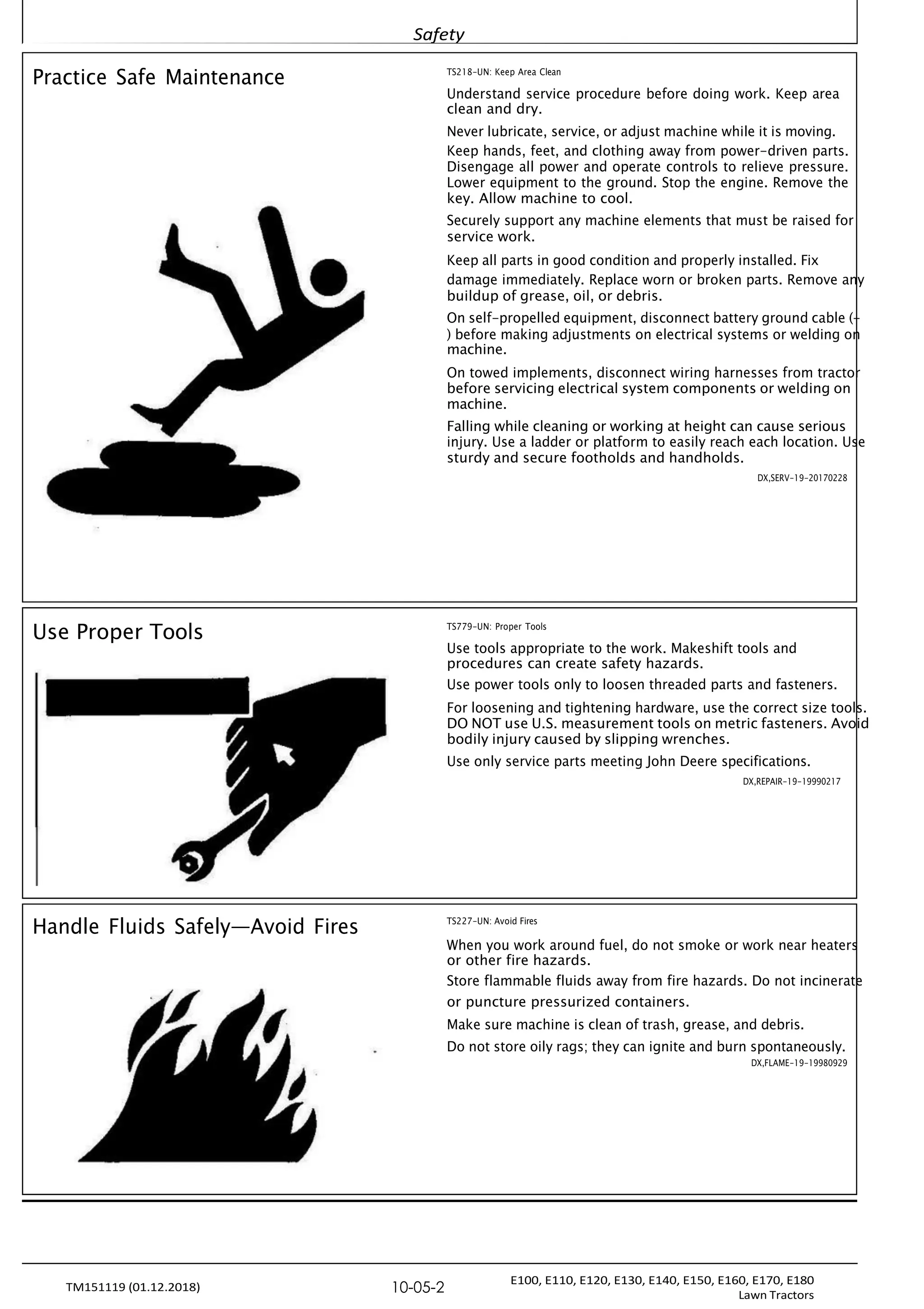 Safety
E100, E110, E120, E130, E140, E150, E160, E170, E180
Lawn Tractors
10-05-2
TM151119 (01.12.2018)
Practice Safe Maintenance TS218-UN: Keep Area Clean
Understand service procedure before doing work. Keep area
clean and dry.
Never lubricate, service, or adjust machine while it is moving.
Keep hands, feet, and clothing away from power-driven parts.
Disengage all power and operate controls to relieve pressure.
Lower equipment to the ground. Stop the engine. Remove the
key. Allow machine to cool.
Securely support any machine elements that must be raised for
service work.
Keep all parts in good condition and properly installed. Fix
damage immediately. Replace worn or broken parts. Remove any
buildup of grease, oil, or debris.
On self-propelled equipment, disconnect battery ground cable (-
) before making adjustments on electrical systems or welding on
machine.
On towed implements, disconnect wiring harnesses from tractor
before servicing electrical system components or welding on
machine.
Falling while cleaning or working at height can cause serious
injury. Use a ladder or platform to easily reach each location. Use
sturdy and secure footholds and handholds.
DX,SERV-19-20170228
Use Proper Tools TS779-UN: Proper Tools
Use tools appropriate to the work. Makeshift tools and
procedures can create safety hazards.
Use power tools only to loosen threaded parts and fasteners.
For loosening and tightening hardware, use the correct size tools.
DO NOT use U.S. measurement tools on metric fasteners. Avoid
bodily injury caused by slipping wrenches.
Use only service parts meeting John Deere specifications.
DX,REPAIR-19-19990217
Handle Fluids Safely—Avoid Fires TS227-UN: Avoid Fires
When you work around fuel, do not smoke or work near heaters
or other fire hazards.
Store flammable fluids away from fire hazards. Do not incinerate
or puncture pressurized containers.
Make sure machine is clean of trash, grease, and debris.
Do not store oily rags; they can ignite and burn spontaneously.
DX,FLAME-19-19980929
 