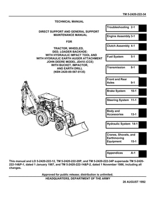 TM 5-2420-222-34
TECHNICAL MANUAL
DIRECT SUPPORT AND GENERAL SUPPORT
MAINTENANCE MANUAL
FOR
TRACTOR, WHEELED,
DED, LOADER BACKHOE:
WITH HYDRAULIC IMPACT TOOL AND
WITH HYDRAULIC EARTH AUGER ATTACHMENT
JOHN DEERE MODEL JD410 (CCE)
WITH BUCKET, IMPACTOR,
AND EARTH DRILL
(NSN 2420-00-567-0135)
This manual and LO 5-2420-222-12, TM 5-2420-222-20P, and TM 5-2420-222-34P supersede TM 5-2420-
222-14&P-1, dated 1 January 1987, and TM 5-2420-222-14&P-2, dated 1 November 1986, including all
changes.
Approved for public release; distribution is unlimited.
HEADQUARTERS, DEPARTMENT OF THE ARMY
26 AUGUST 1992
Troubleshooting 2-1
Engine Assembly 3-1
Clutch Assembly 4-1
Fuel System 5-1
Transmission 8-1
Front and Rear
Axles 9-1
Brake System 10-1
Steering System 11-1
Hydraulic System 14-1
Body and
Accessories 13-1
Cranes, Shovels, and
Earthmoving
Equipment 15-1
Appendices A-1
 