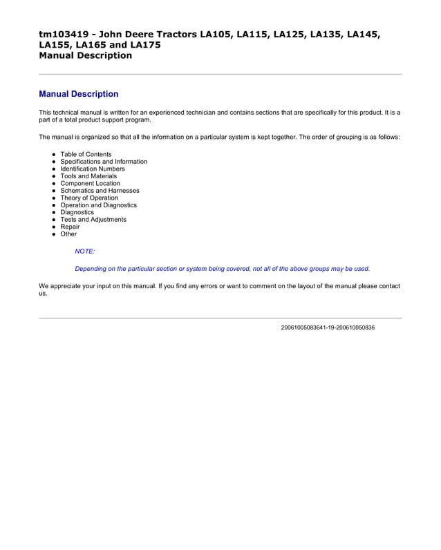 John deere la105 lawn tractor service repair technical manual (tm103419