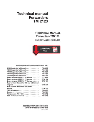 Technical manual
Forwarders
TM 2123
TECHNICAL MANUAL
Forwarders TM2123
tm2123 14AUG03 (ENGLISH)
For complete service information also see:
8100D operator‘s Manual . . . . . . . . . . . . . . . F064833
1010D operator‘s Manual . . . . . . . . . . . . . . . F064199
1110D operator‘s Manual . . . . . . . . . . . . . . . F064826
1410D operator‘s Manual . . . . . . . . . . . . . . . F064197
1710D operator‘s Manual . . . . . . . . . . . . . . . F063390
Deere engine 6081 HTJ 03 Manual . . . . . . . CTM 86
Deere engine 6068 HTJ 76 Manual . . . . . . . CTM 104
Deere engine 4045 HTJ 77 Manual . . . . . . . CTM 104
Fuel system Manual for 4,5 and 6.8 l diesel
engines . . . . . . . . . . . . . . . . . . . . . . . . . . . . . CTM 331
Fuel system Manual for 8,1l diesel
engine . . . . . . . . . . . . . . . . . . . . . . . . . . . . . . CTM 255
TMC Workshop . . . . . . . . . . . . . . . . . . . . . . . F064497
Booms . . . . . . . . . . . . . . . . . . . . . . . . . . . . . . F062701
Timbermatic 700 / 900 . . . . . . . . . . . . . . . . . . F065312
LCS Technical manual . . . . . . . . . . . . . . . . . F061919
Worldwide Construction
And Forestry Division
Litho in Finland
 