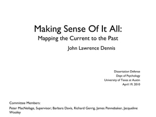 Making Sense Of It All:
Mapping the Current to the Past
Dissertation Defense
Dept of Psychology
University of Texas at Austin
April 19, 2010
John Lawrence Dennis
Peter MacNeilage, Supervisor; Barbara Davis, Richard Gerrig, James Pennebaker, Jacqueline
Wooley
Committee Members:
 