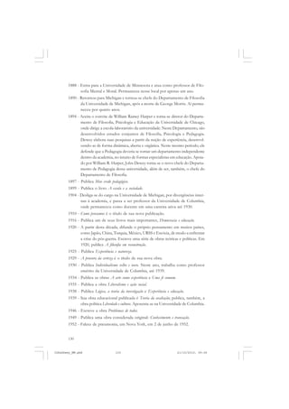 130
1888 - Entra para a Universidade de Minnesota e atua como professor de Filo-
sofia Mental e Moral. Permaneceu nesse local por apenas um ano.
1890 - Retornou para Michigan e tornou-se chefe do Departamento de Filosofia
da Universidade de Michigan, após a morte de George Morris. Aí perma-
neceu por quatro anos.
1894 - Aceita o convite de William Rainey Harper e torna-se diretor do Departa-
mento de Filosofia, Psicologia e Educação da Universidade de Chicago,
onde dirige a escola-laboratório da universidade. Neste Departamento, são
desenvolvidos estudos conjuntos de Filosofia, Psicologia e Pedagogia.
Dewey elabora suas pesquisas a partir da noção de experiência, desenvol-
vendo-as de forma dinâmica, aberta e orgânica. Neste mesmo período, ele
defende que a Pedagogia deveria se tornar um departamento independente
dentro da academia, no intuito de formar especialistas em educação. Apoia-
do por William R. Harper, John Dewey torna-se o novo chefe do Departa-
mento de Pedagogia dessa universidade, além de ser, também, o chefe do
Departamento de Filosofia.
1897 - Publica Meu credo pedagógico.
1899 - Publica o livro A escola e a sociedade.
1904 - Desliga-se do cargo na Universidade de Michigan, por divergências inter-
nas à academia, e passa a ser professor da Universidade de Columbia,
onde permaneceu como docente em uma carreira ativa até 1930.
1910 - Como pensamos é o título de sua nova publicação.
1916 - Publica um de seus livros mais importantes, Democracia e educação.
1920 - A partir desta década, difunde o próprio pensamento em muitos países,
como Japão, China, Turquia, México, URSS e Escócia, de modo a enfrentar
a crise do pós-guerra. Escreve uma série de obras teóricas e políticas. Em
1920, publica A filosofia em reconstrução.
1925 - Publica Experiência e natureza.
1929 - A procura da certeza é o título de sua nova obra.
1930 - Publica Individualismo velho e novo. Neste ano, trabalha como professor
emérito da Universidade de Columbia, até 1939.
1934 - Publica as obras A arte como experiência e Uma fé comum.
1935 - Publica a obra Liberalismo e ação social.
1938 - Publica Lógica, a teoria da investigação e Experiência e educação.
1939 - Sua obra educacional publicada é Teoria da avaliação; publica, também, a
obra política Liberdade e cultura. Aposenta-se na Universidade de Columbia.
1946 - Escreve a obra Problemas de todos.
1949 - Publica uma obra considerada original: Conhecimento e transação.
1952 - Falece de pneumonia, em Nova York, em 2 de junho de 1952.
JohnDewey_NM.pmd 21/10/2010, 09:38130
 