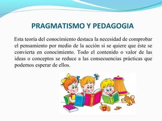 PRAGMATISMO Y PEDAGOGIA
Esta teoría del conocimiento destaca la necesidad de comprobar
el pensamiento por medio de la acción si se quiere que éste se
convierta en conocimiento. Todo el contenido o valor de las
ideas o conceptos se reduce a las consecuencias prácticas que
podemos esperar de ellos.
 