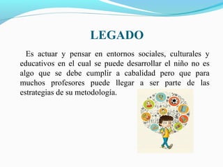 LEGADO
Es actuar y pensar en entornos sociales, culturales y
educativos en el cual se puede desarrollar el niño no es
algo que se debe cumplir a cabalidad pero que para
muchos profesores puede llegar a ser parte de las
estrategias de su metodología.
 