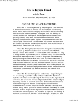 John Dewey: my Pedagogic Creed | PDF